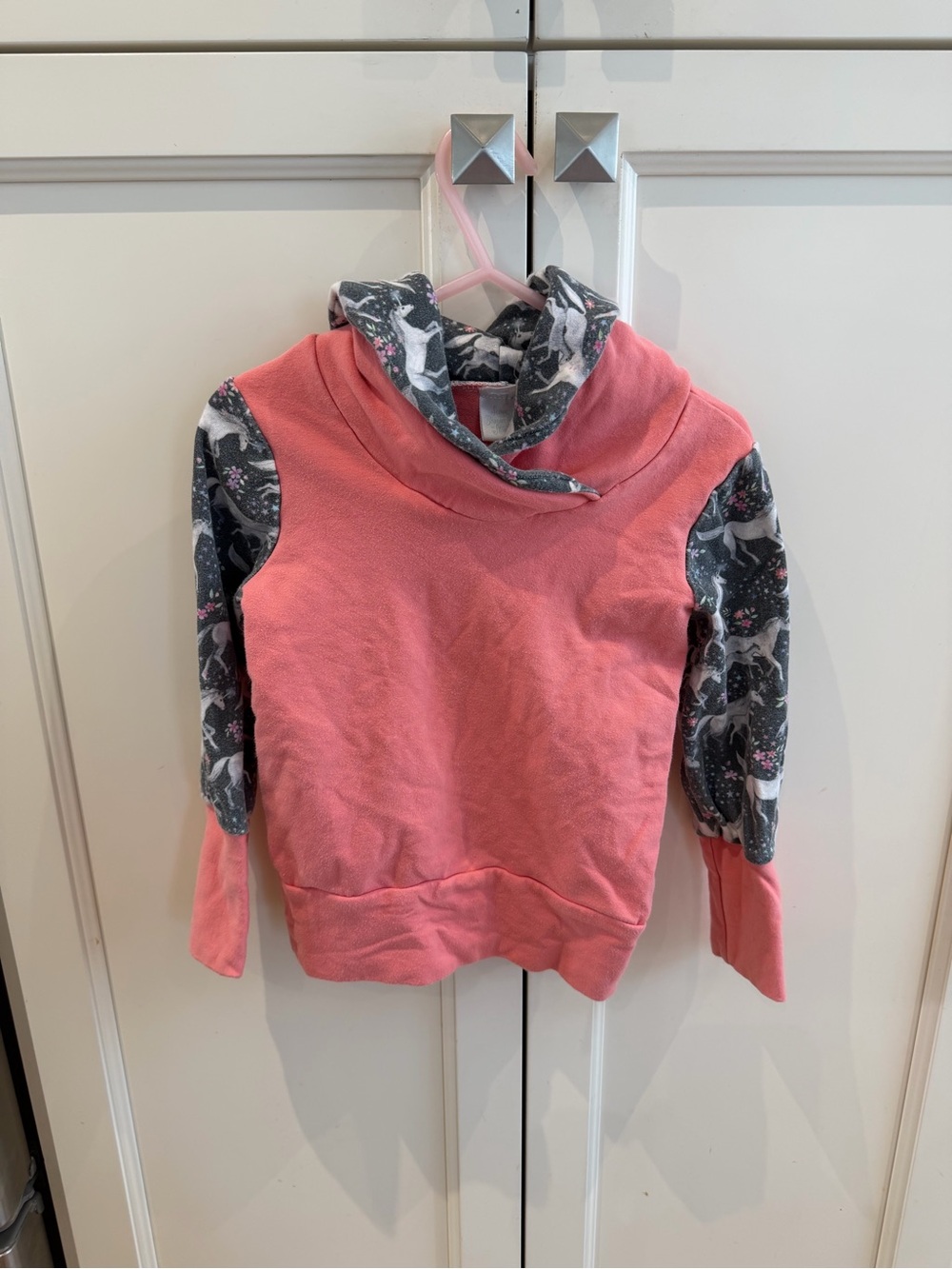 Girls' 9m-3t Coral Pink Hoodie with Unicorn-Print Sleeves